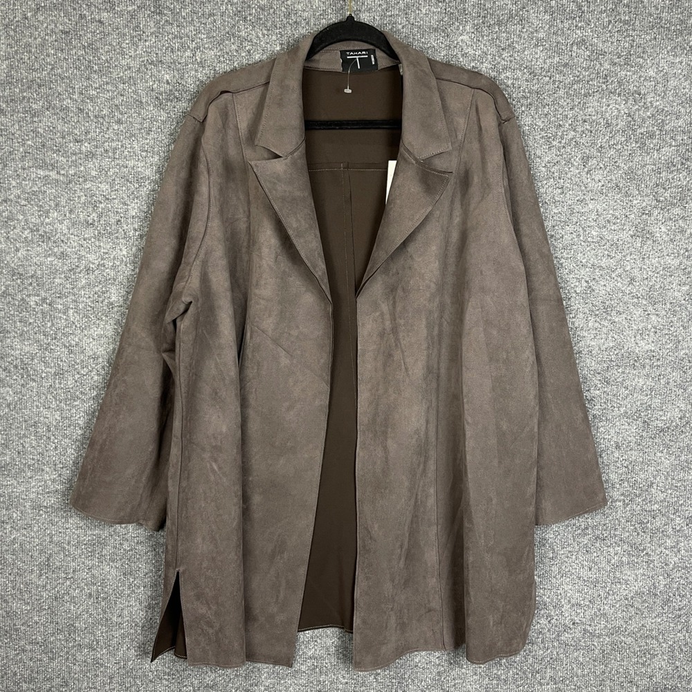 NEW Tahari Faux Suede Jacket Womens 2X Ash Smoke New Open Front Draped Coat
